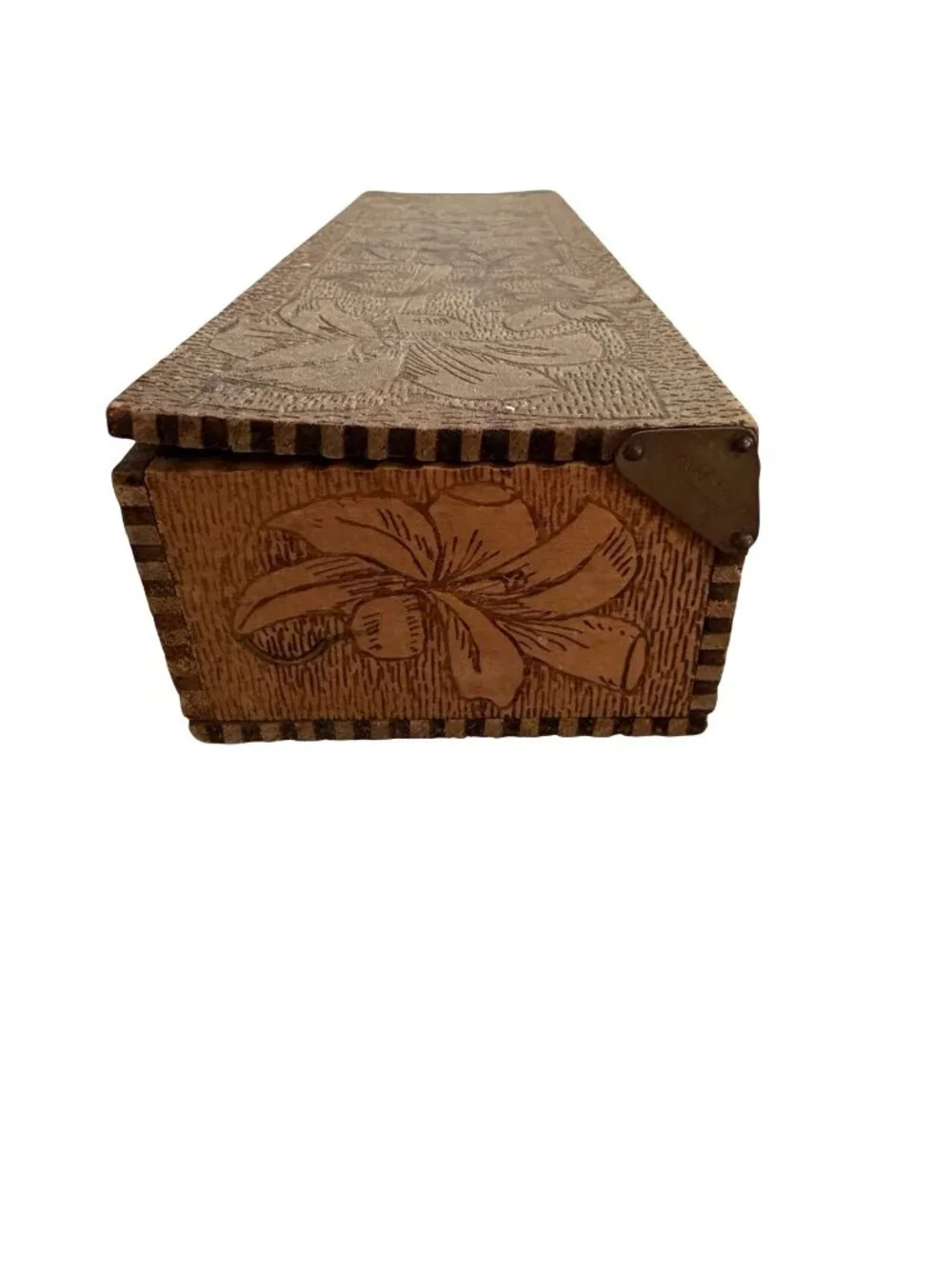 Antique c1900 Flemish Art Pyrography TIES Necktie Box Wood Burned Floral 11